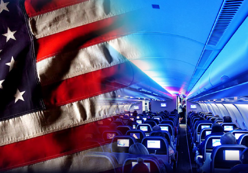 A USA flag merged with the interior of an aircraft cabin, showing Cobalt Spectrum lighting